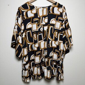 TAMSY Women Tunic Top XL Abstract Geometric Print Peplum Blouse Lagenlook Artsy